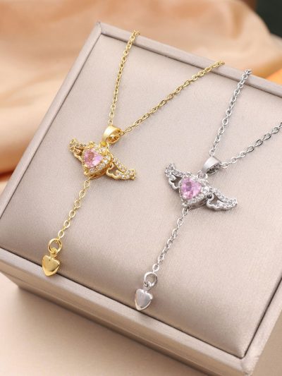 Moving Cupid Heart Angel Wings Tassel Necklace With Crystal Clavicle Chain Women Jewelry Gift Valentine's Day